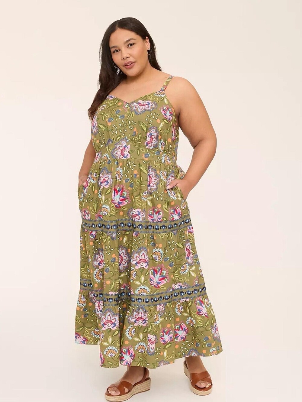 Lane Bryant Olive Green Floral Tiered Maxi Dress Size 22  NWT Boho Summer V-Neck